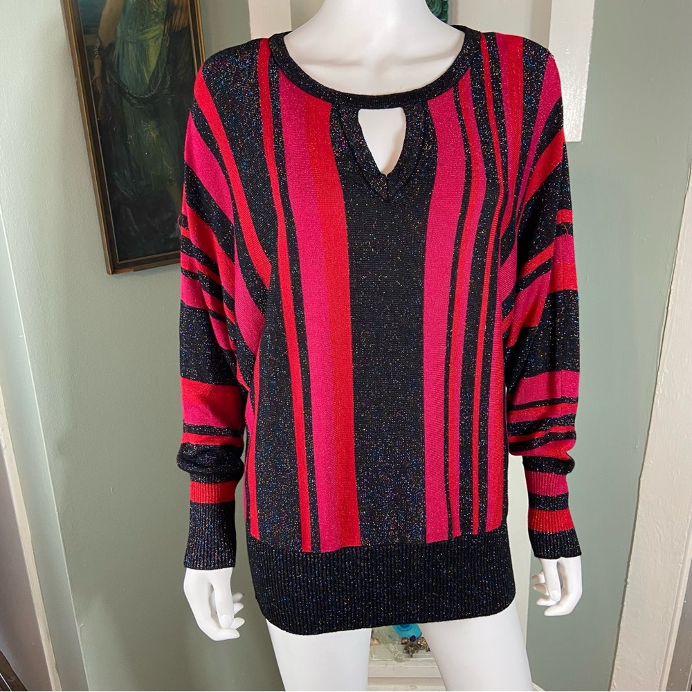 3/$12 Joseph A Metallic Glitter Striped Pink Red Black Keyhole Batwing Sweater L